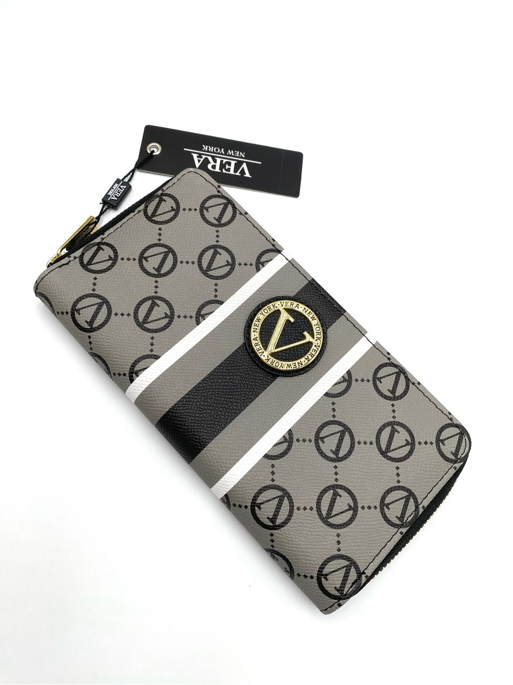 Vera New York Wallet Womens Black Signature Logo Zip Around Stripe New